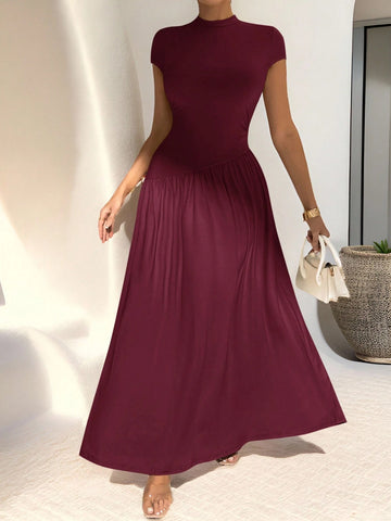 Asymmetrical A-Line Midi Dress With Stand Collar And Cinch Waist