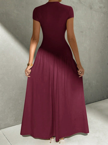 Asymmetrical A-Line Midi Dress With Stand Collar And Cinch Waist
