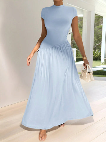Asymmetrical A-Line Midi Dress With Stand Collar And Cinch Waist