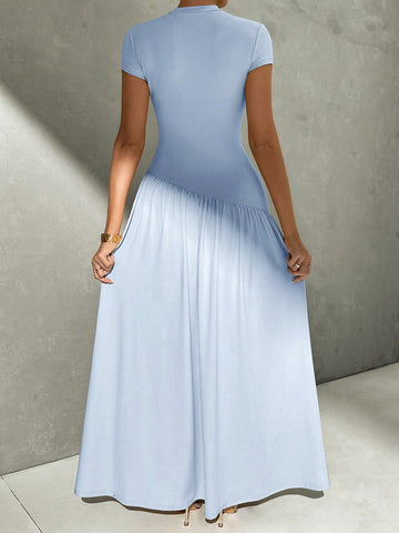 Asymmetrical A-Line Midi Dress With Stand Collar And Cinch Waist