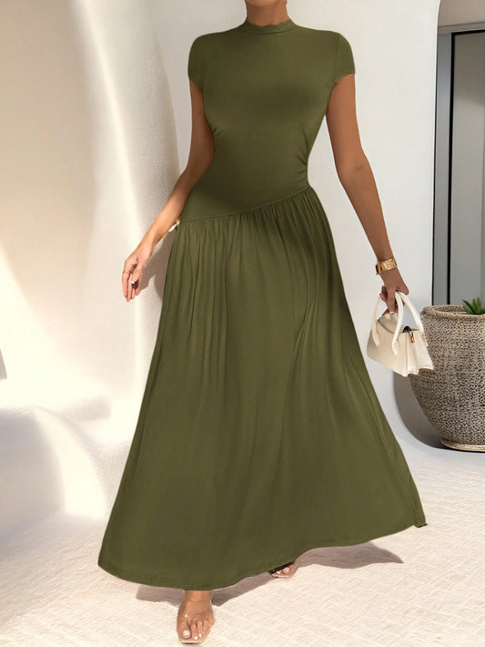 Asymmetrical A-Line Midi Dress With Stand Collar And Cinch Waist