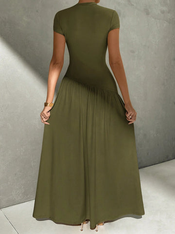 Asymmetrical A-Line Midi Dress With Stand Collar And Cinch Waist