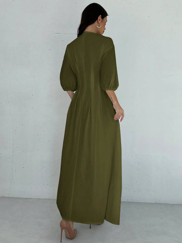 Firerie Elegant Cinched Waist V-Neck Lantern Sleeve Pleated A-Line Mid-Length Dress