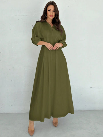 Firerie Elegant Cinched Waist V-Neck Lantern Sleeve Pleated A-Line Mid-Length Dress