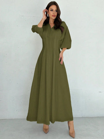 Firerie Elegant Cinched Waist V-Neck Lantern Sleeve Pleated A-Line Mid-Length Dress