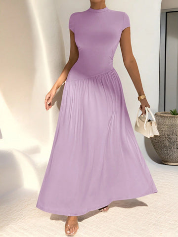 Asymmetrical A-Line Midi Dress With Stand Collar And Cinch Waist
