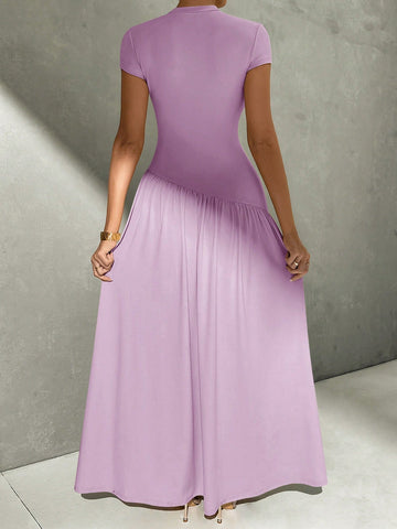 Asymmetrical A-Line Midi Dress With Stand Collar And Cinch Waist