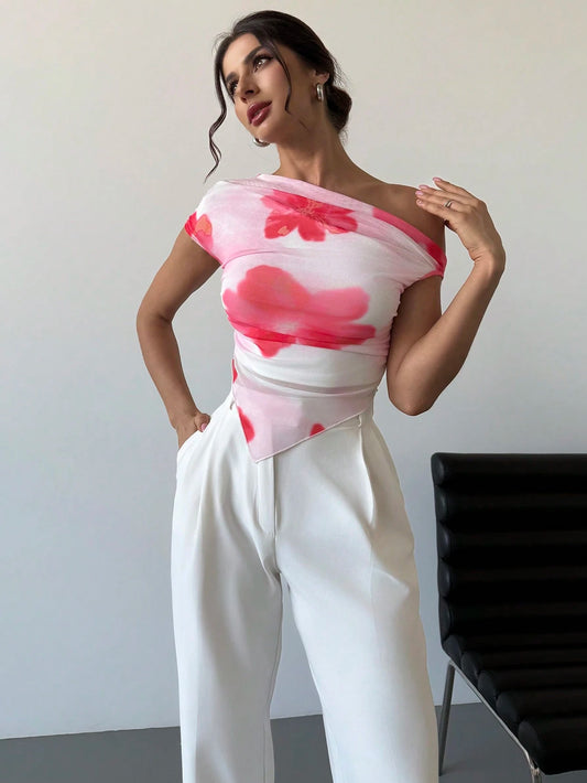 Asymmetrical Hem Open Shoulder Asymmetrical Short Sleeve Cropped T-Shirt