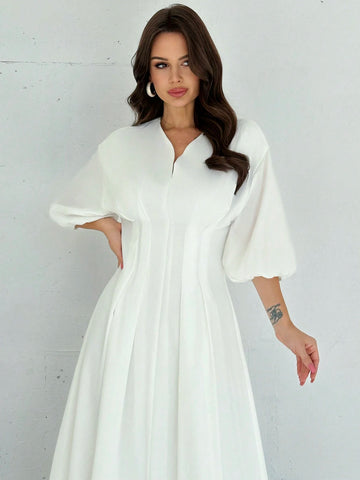 Firerie Elegant Cinched Waist V-Neck Lantern Sleeve Pleated A-Line Mid-Length Dress