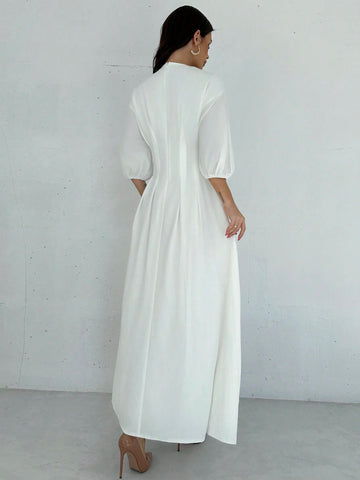 Firerie Elegant Cinched Waist V-Neck Lantern Sleeve Pleated A-Line Mid-Length Dress