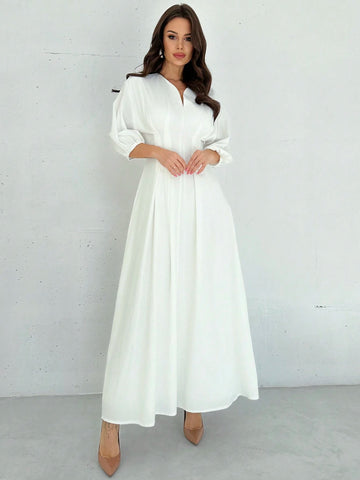 Firerie Elegant Cinched Waist V-Neck Lantern Sleeve Pleated A-Line Mid-Length Dress