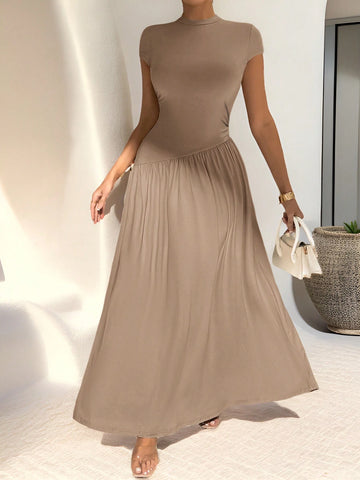 Asymmetrical A-Line Midi Dress With Stand Collar And Cinch Waist