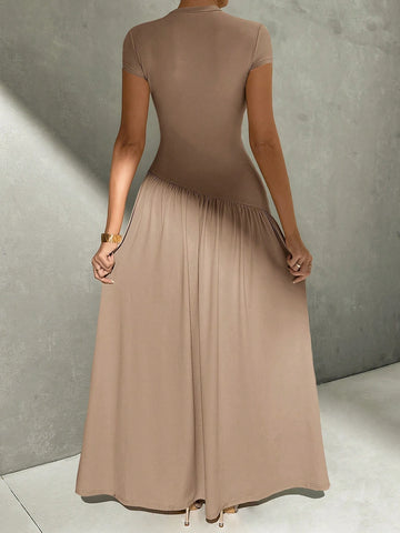 Asymmetrical A-Line Midi Dress With Stand Collar And Cinch Waist