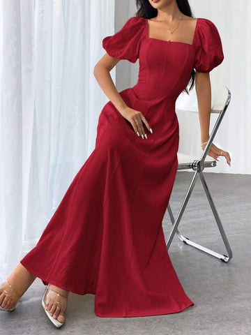 Women Elegant Solid Color Square Neck Puff Sleeve Waisted Flare Hem Dress