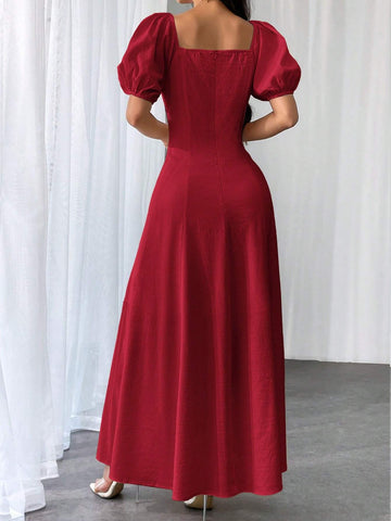 Women Elegant Solid Color Square Neck Puff Sleeve Waisted Flare Hem Dress