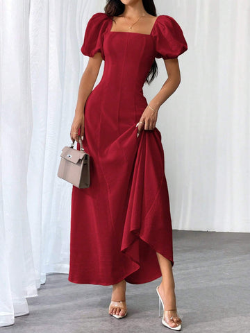 Women Elegant Solid Color Square Neck Puff Sleeve Waisted Flare Hem Dress