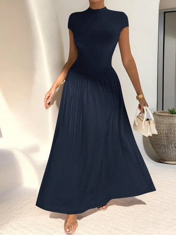 Asymmetrical A-Line Midi Dress With Stand Collar And Cinch Waist