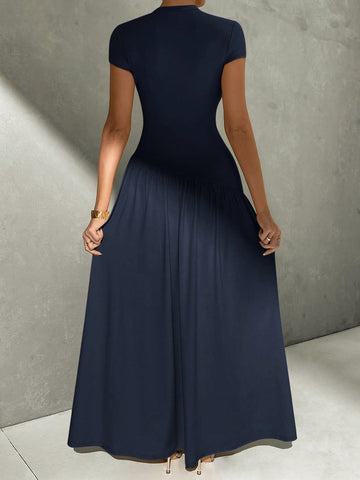 Asymmetrical A-Line Midi Dress With Stand Collar And Cinch Waist