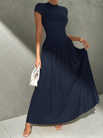 Asymmetrical A-Line Midi Dress With Stand Collar And Cinch Waist