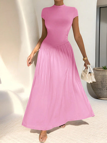 Asymmetrical A-Line Midi Dress With Stand Collar And Cinch Waist
