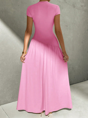 Asymmetrical A-Line Midi Dress With Stand Collar And Cinch Waist