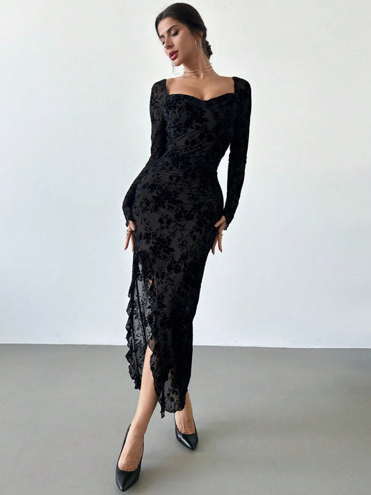 Elegant Floral Flocked Square Neck Ruched & Slit Ruffle Hem Slimming Dress