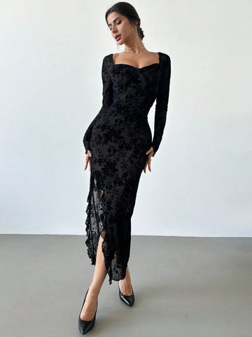 Elegant Floral Flocked Square Neck Ruched & Slit Ruffle Hem Slimming Dress