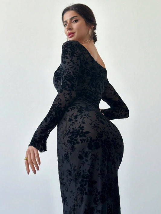 Elegant Floral Flocked Square Neck Ruched & Slit Ruffle Hem Slimming Dress