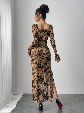 Elegant Floral Flocked Square Neck Ruched & Slit Ruffle Hem Slimming Dress