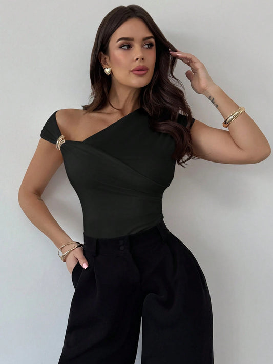 Asymmetric Crossover Metal Decor Ruched Fitted Bodysuit