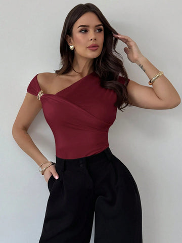 Asymmetric Crossover Metal Decor Ruched Fitted Bodysuit