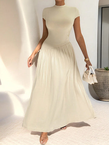Asymmetrical A-Line Midi Dress With Stand Collar And Cinch Waist