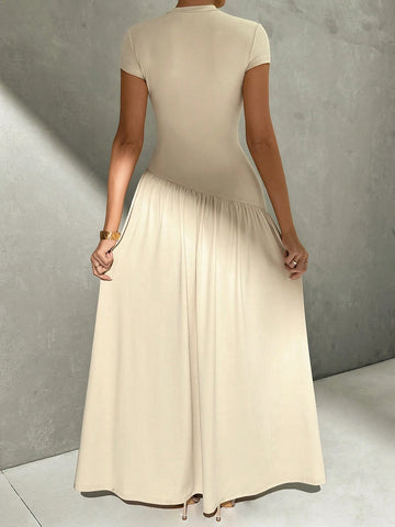 Asymmetrical A-Line Midi Dress With Stand Collar And Cinch Waist