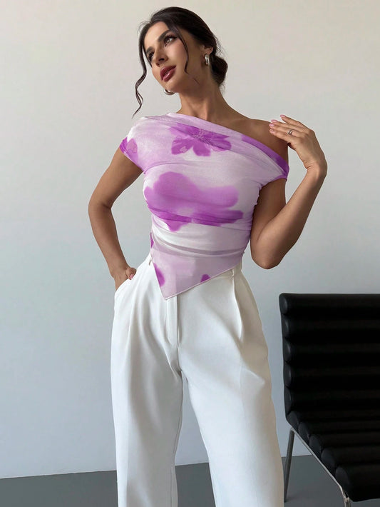 Asymmetrical Hem Open Shoulder Asymmetrical Short Sleeve Cropped T-Shirt