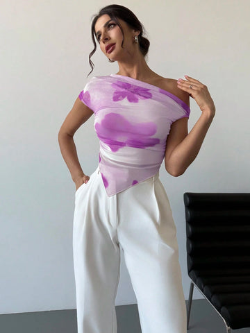 Asymmetrical Hem Open Shoulder Asymmetrical Short Sleeve Cropped T-Shirt