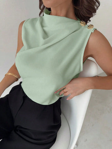 Asymmetric Pleated Collar Metal Button Sleeveless Shirt