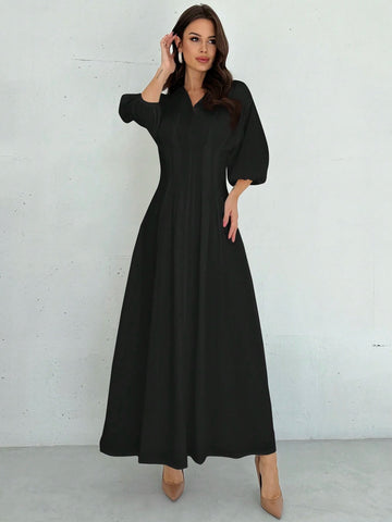 Firerie Elegant Cinched Waist V-Neck Lantern Sleeve Pleated A-Line Mid-Length Dress