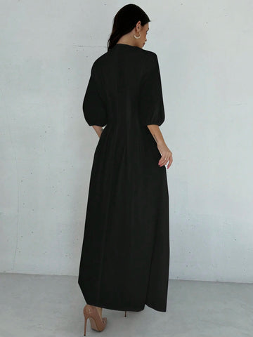 Firerie Elegant Cinched Waist V-Neck Lantern Sleeve Pleated A-Line Mid-Length Dress