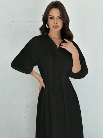 Firerie Elegant Cinched Waist V-Neck Lantern Sleeve Pleated A-Line Mid-Length Dress