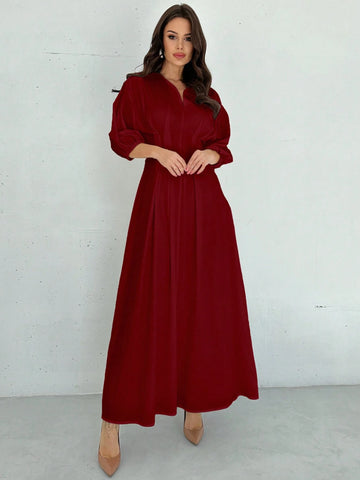 Firerie Elegant Cinched Waist V-Neck Lantern Sleeve Pleated A-Line Mid-Length Dress