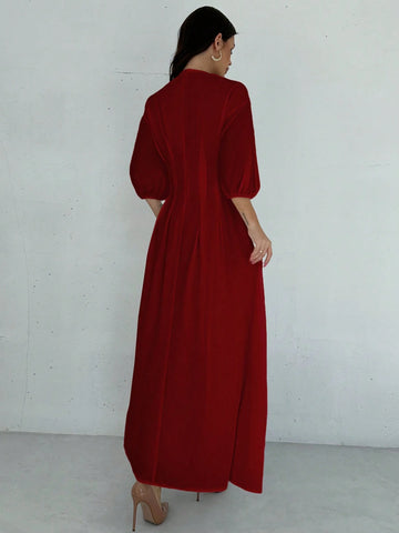 Firerie Elegant Cinched Waist V-Neck Lantern Sleeve Pleated A-Line Mid-Length Dress