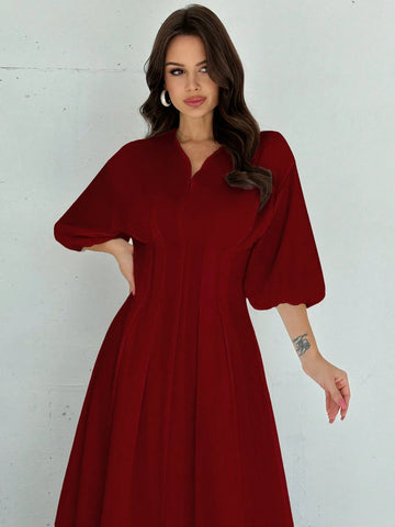 Firerie Elegant Cinched Waist V-Neck Lantern Sleeve Pleated A-Line Mid-Length Dress