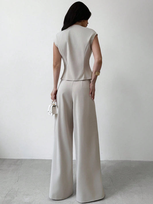 Metal Buckle Puff Sleeve Crop Top And High Waist Wide Leg Pants