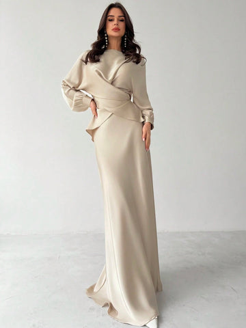 Women Elegant Solid Color Waist Strap Back Satin Glossy Wrap Tie Top