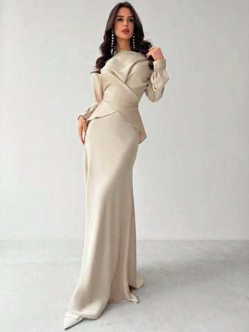 Women Elegant Solid Color Waist Strap Back Satin Glossy Wrap Tie Top