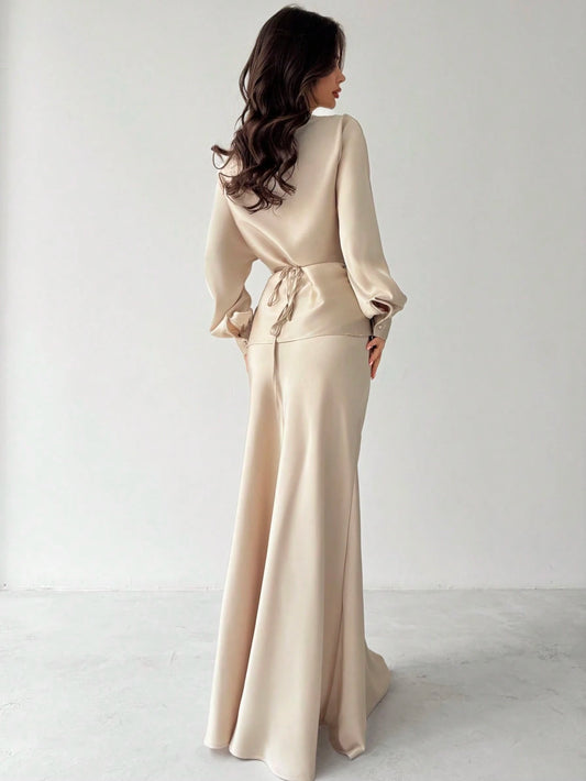 Women Elegant Solid Color Waist Strap Back Satin Glossy Wrap Tie Top