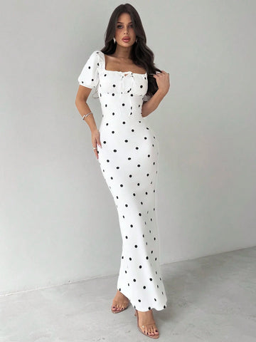 Women Elegant Square Neck Polka Dot Dress