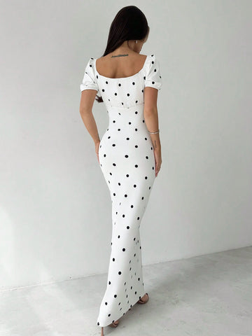 Women Elegant Square Neck Polka Dot Dress