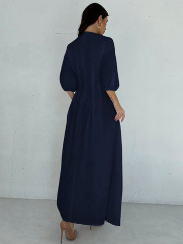 Firerie Elegant Cinched Waist V-Neck Lantern Sleeve Pleated A-Line Mid-Length Dress