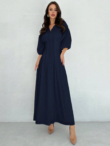 Firerie Elegant Cinched Waist V-Neck Lantern Sleeve Pleated A-Line Mid-Length Dress